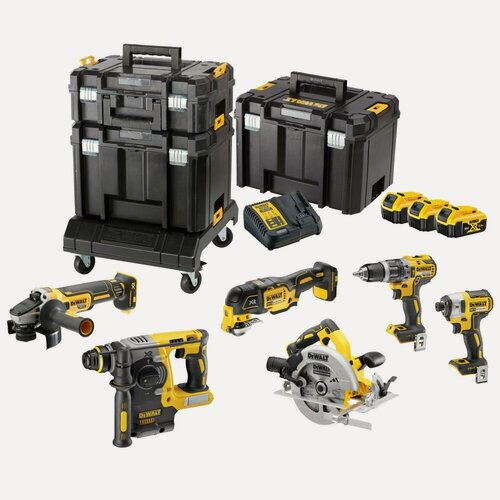 Изображение товара Набор аккумуляторный DEWALT, 18 В: перфоратор + дисковая пила + УШМ + дрель + шуруповерт + реноватор, с 3 АКБ 5 Ач и ЗУ, в 3 кейсах TSTAK, DCK685P3T