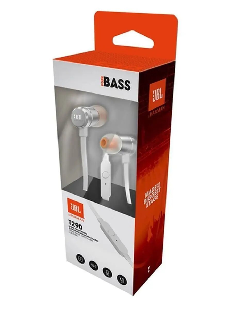 Наушники JBL T290, проводные, серебристые, с пультом, с микрофоном — фото 1