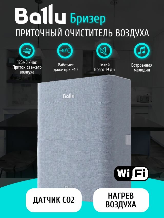 Бризер приточный с подогревом Ballu ONEAIR ASP-100 с датчиком CO2/ приточный очиститель воздуха настенный с фильтром Wi-Fi Алисой датчиком углекислого газа