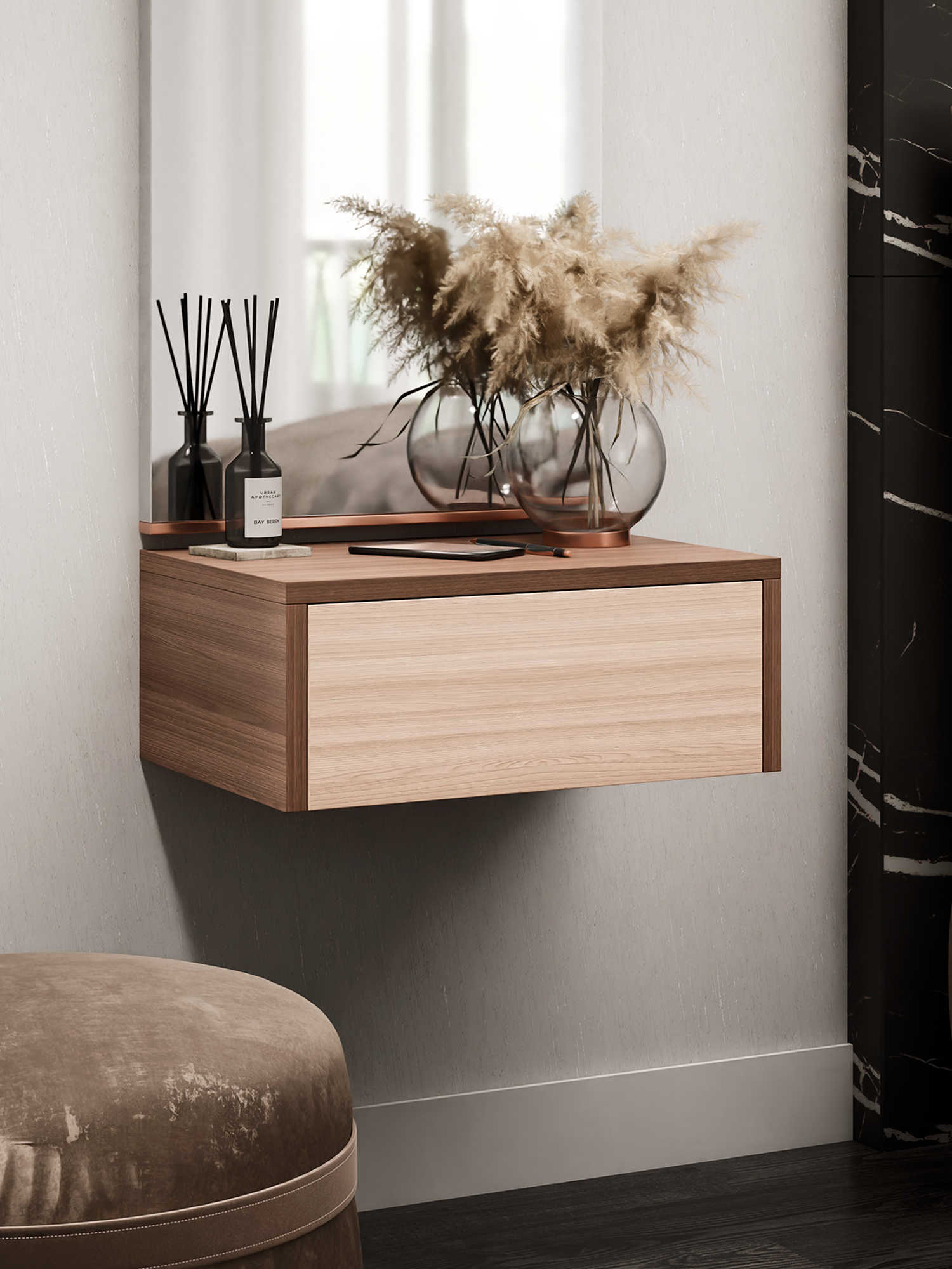 Тумба прикроватная MFMaster Uno-48, ясень шимо темный-ясень шимо светлый, ЛДСП, белый, с ящиками, крепление к стене