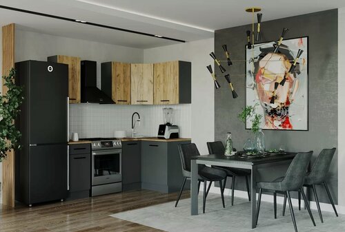 Изображение товара Кухонный гарнитур Sanvut угловой Дели 2000х1200 столешница 38 мм, каркас ЛДСП, фасад ЛДСП, Антрацит/Дуб крафт