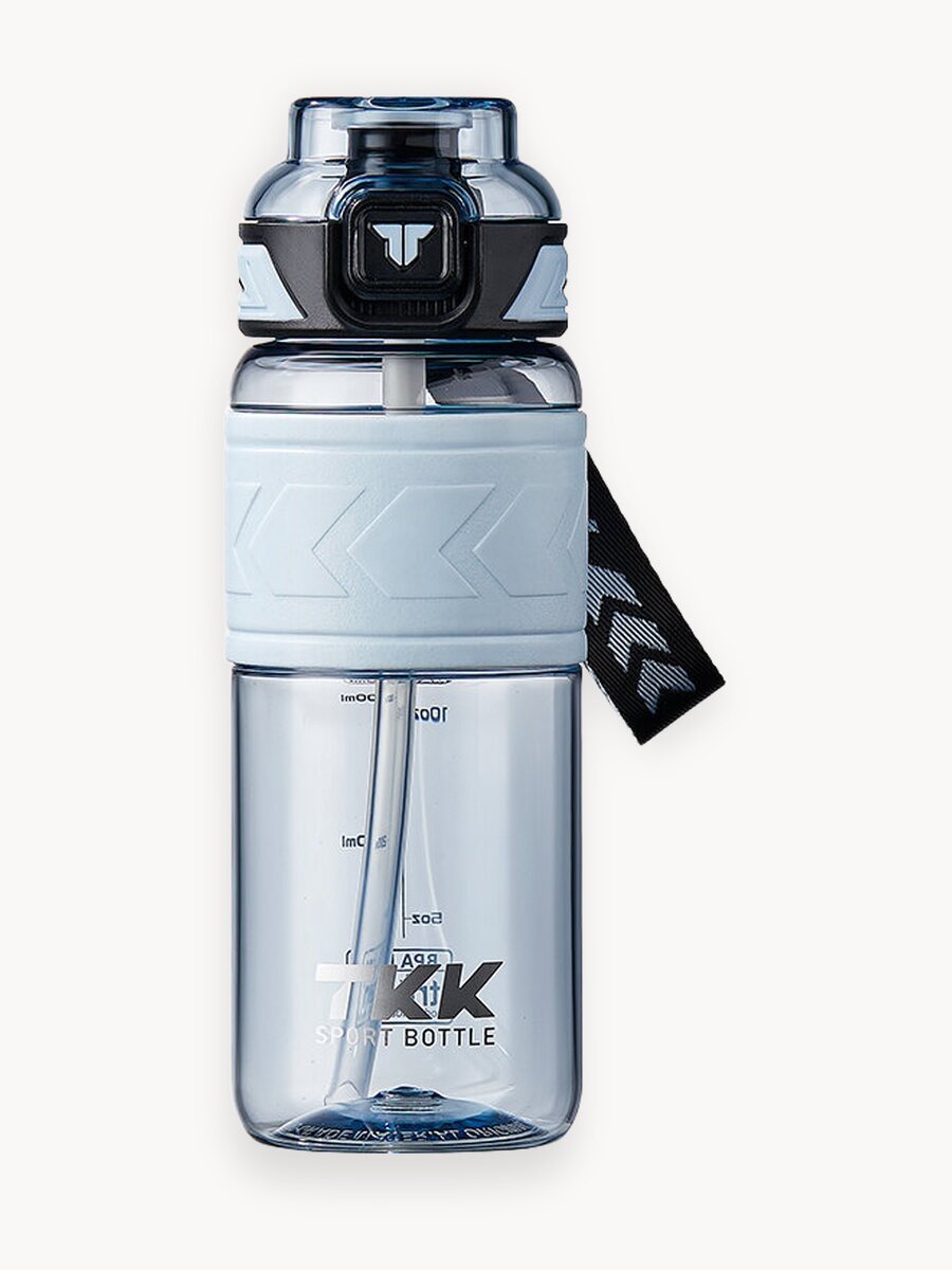 Спортивная фитнес бутылка фляга для воды TKK Premium из тритана с трубочкой, 600 мл, голубая