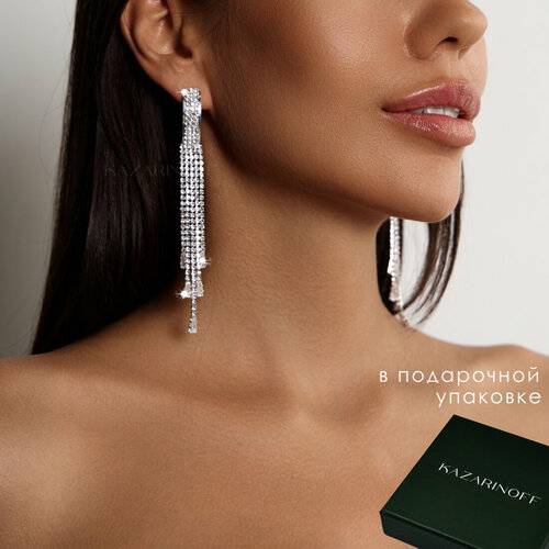 Серьги KAZARINOFF, кристаллы Swarovski, кристалл, размер 110 мм, серебряный