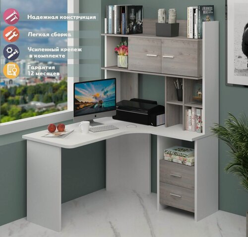 Изображение товара Стол компьютерный Мэрдэс СКЛ-Угл130+НКЛХ-120 БЕН прав Белый, угловой, с надстройкой, с тумбой