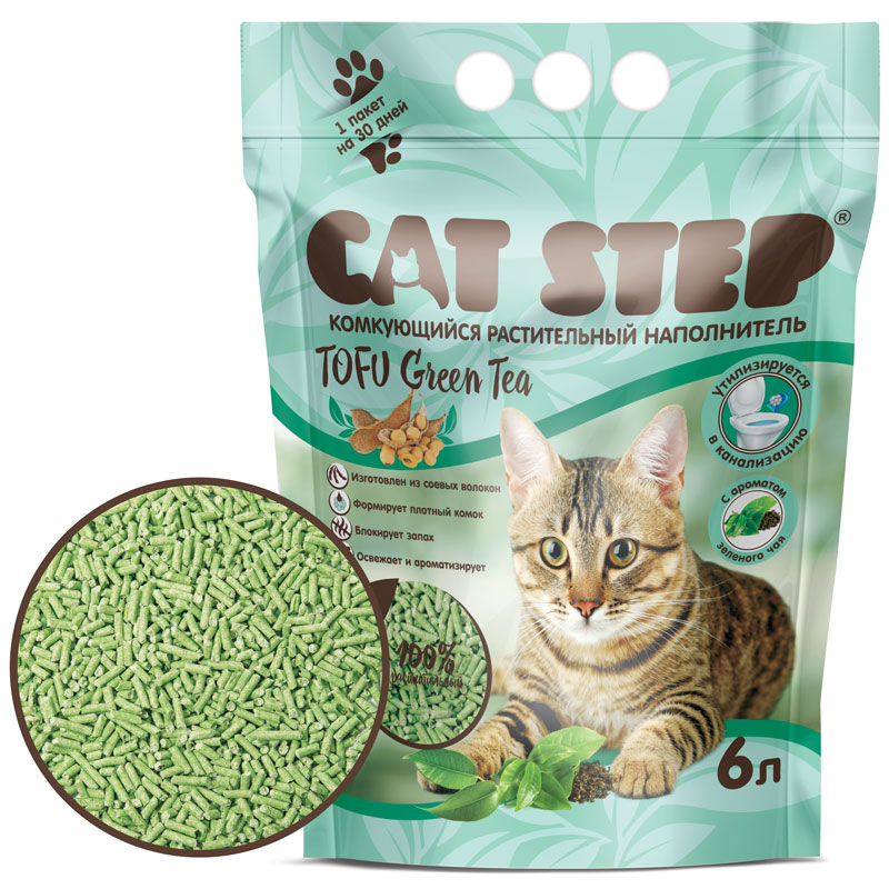 Наполнитель CAT STEP TOFU GREEN TEA комкующийся соевый с зеленым чаем растительный (6 л)