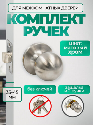 Изображение товара Ручка дверная с защелкой межкомнатная круглая, поворотная, нажимная Титан 706-05 SN, без запирания, серебристый, матовый хром, никель