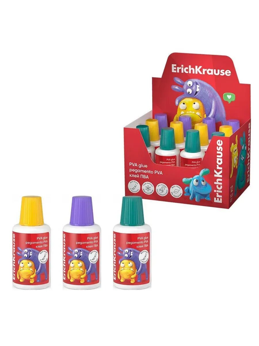 Клей ПВА ErichKrause EasyStick "Jolly Friends", с кисточкой, морозостойкий, 20мл, 3шт