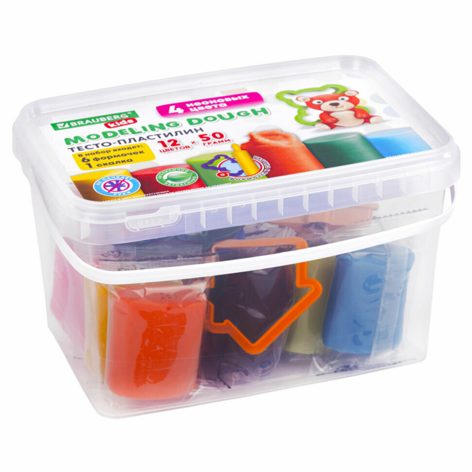 Пластилин-тесто для лепки BRAUBERG KIDS, 12 цветов, 600 г, 6 формочек, 1 скалка, ведерко, 106721, 106721