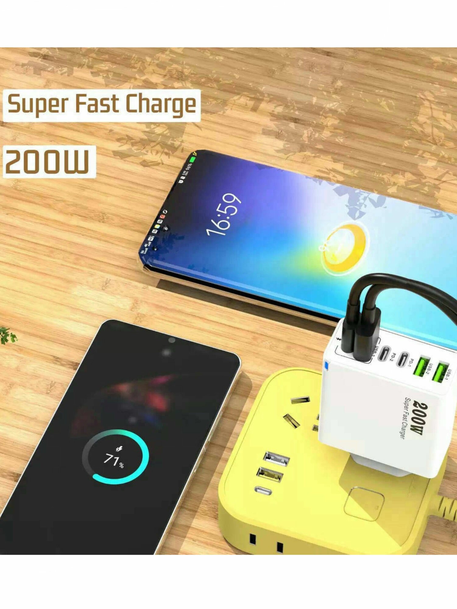 Зарядное устройство (адаптер) для зарядки телефона, планшета. 3 USB порта и 3 Type-C разъема. 200W 5V / цвет черный — фото 1