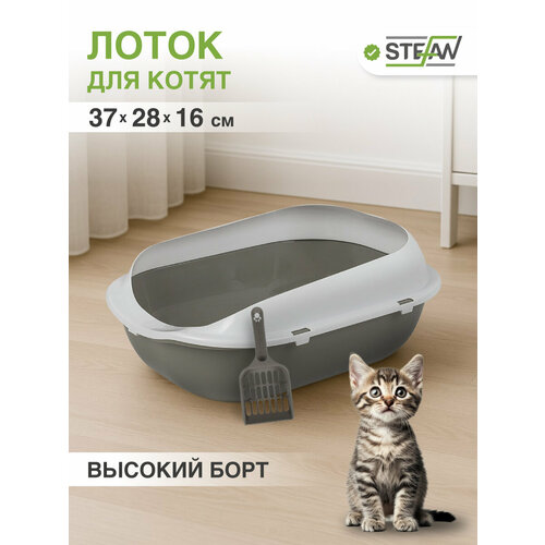 Туалет-лоток для котят и кошек с бортами и совком STEFAN, малый (S) 37х28х16, серый, BP2491