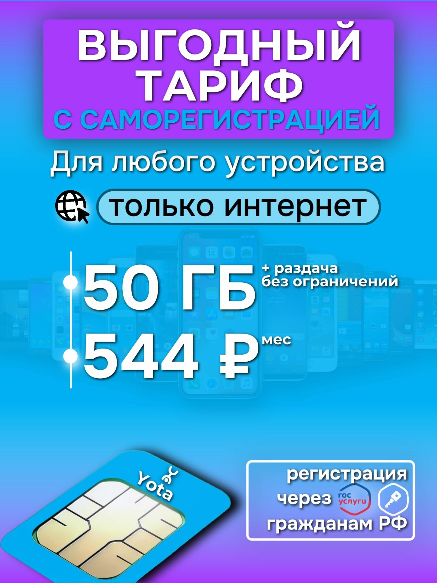 Сим карта для роутера 50 гб интернета 3G/4G/LTE за 544 руб/мес + в включена раздача