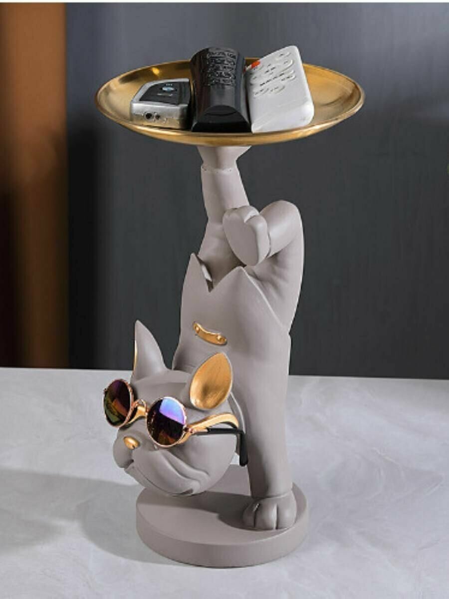 Изображение Статуэтка интерьерная французский бульдог в современном стиле, декоративная подставка для мелочей, конфетница, собака с подносом