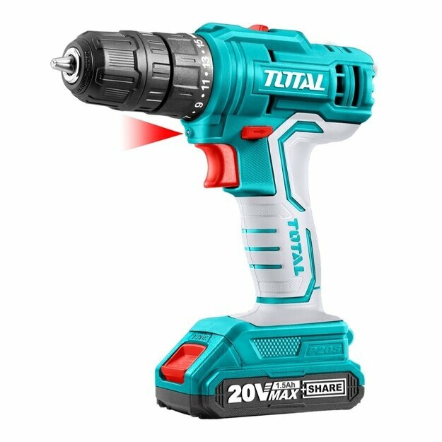 Шуруповёрт TOTAL TDLI20011, 20В, быстрозажимной патрон, 1 скорость, 45Нм, 1.5Ач — фото 1