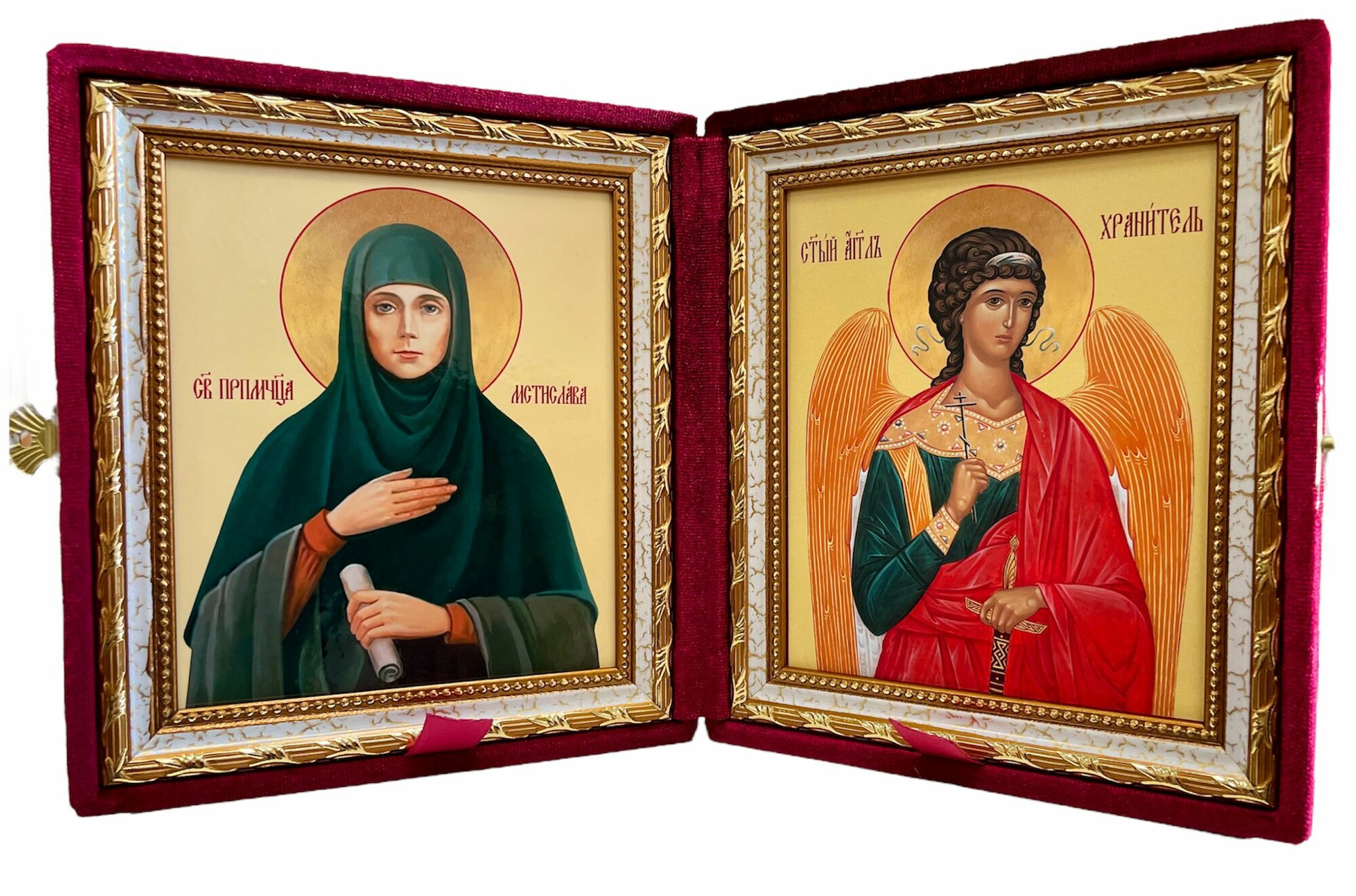 Икона Складень Мстислава (Фокина), Преподобномученица и Ангел Хранитель в бархатном футляре, 14х16,5 см