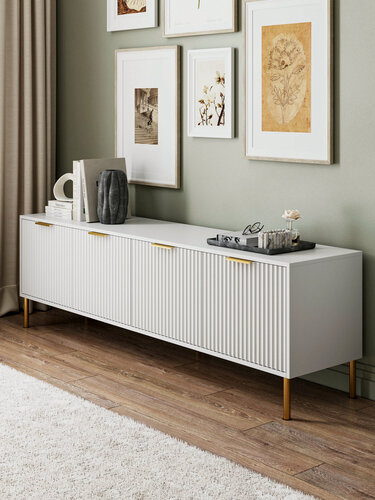 Изображение товара Тумба под телевизор напольная 180х40х55 см, белая с золотой фурнитурой