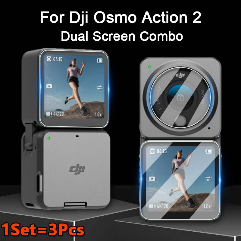 Для DJI Osmo Action 2 Dual Screen / Power Combo прозрачный полный чехол для объектива камеры + передняя защита экрана 2.5D Закаленное стекло пленка, 1Set (Dual Screen), Tempered Glass