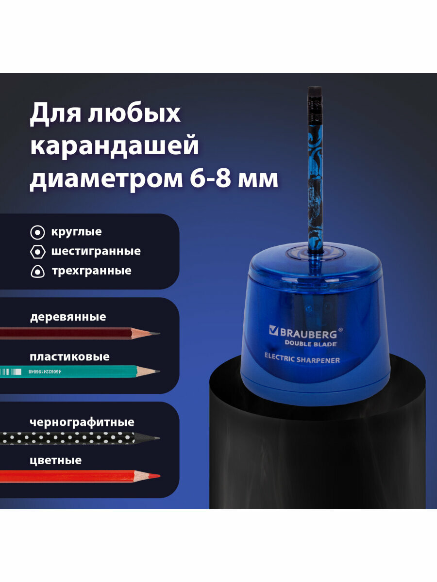 Точилка электрическая (электроточилка) для карандашей с контейнером для стружки Brauberg Double Blade, двойное лезвие, питание от 2 батареек AА, 229605 — фото 1