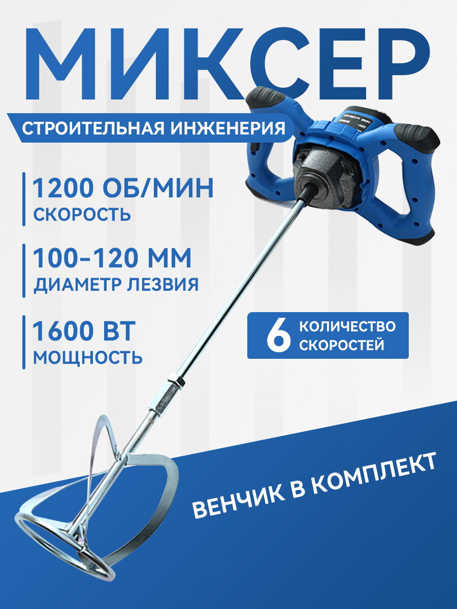 Миксер защита от перегрузки антивибрация быстрозажимной 1600 Вт 1200 об/мин