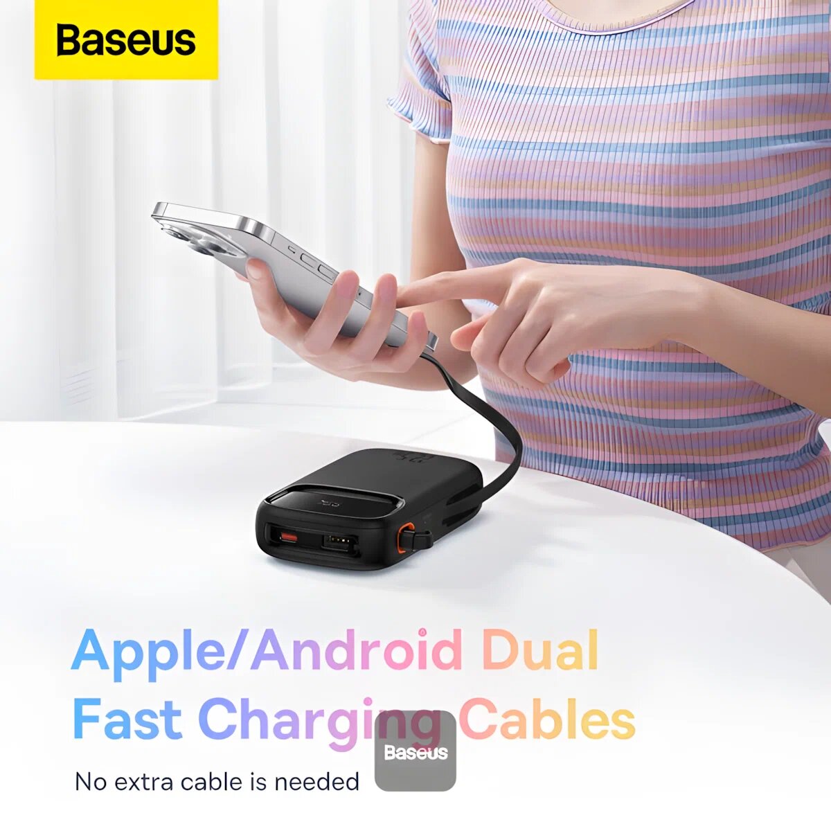 Повербанк Baseus QPow2 10000 мАч, 22.5 W быстрая зарядка, встроенные кабели USB‑C и Lightning, LED-дисплей, чёрный — фото 1