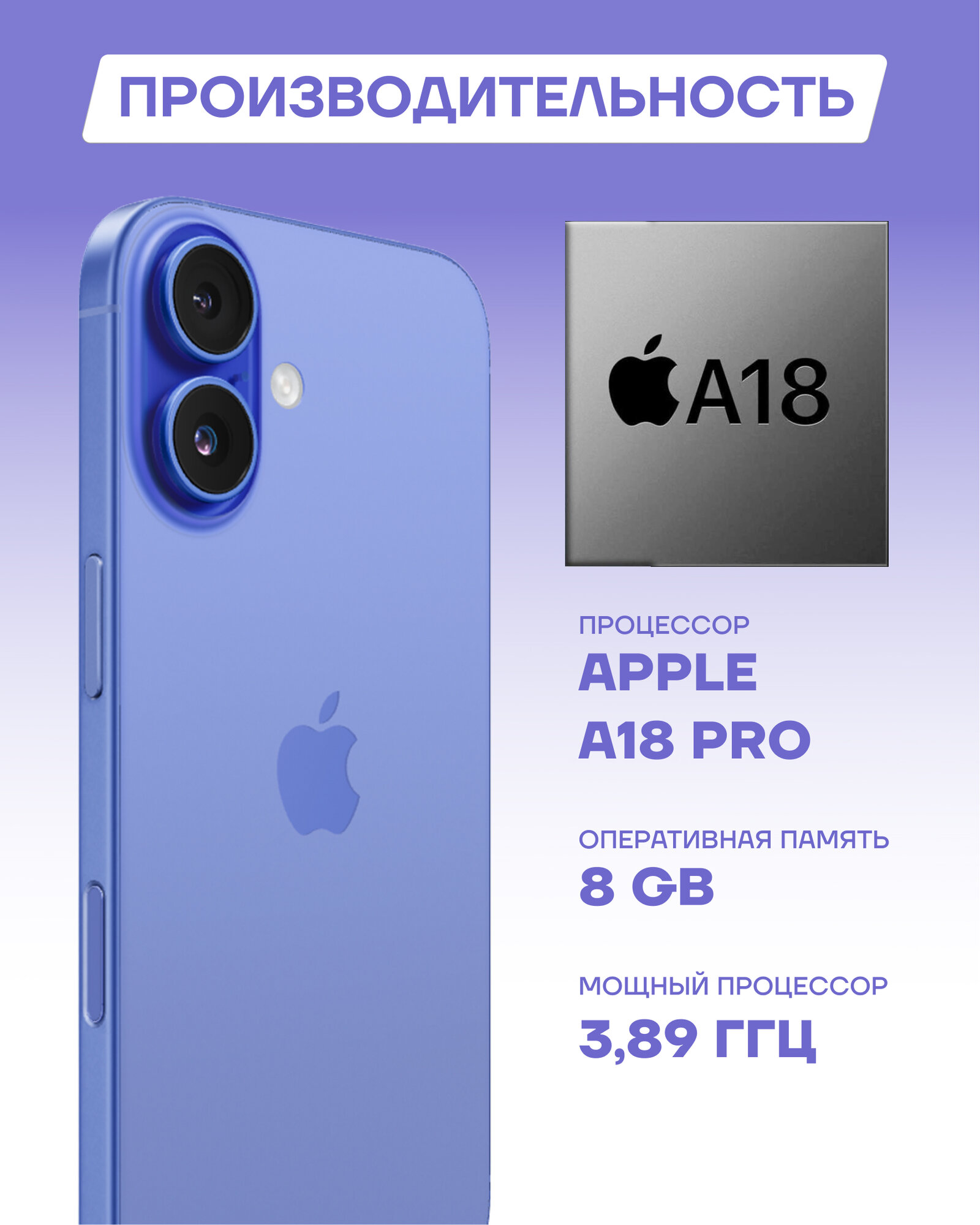 Смартфон Apple iPhone 16 128Gb Ultramarine / ультрамариновый синий (eSIM) — фото 1