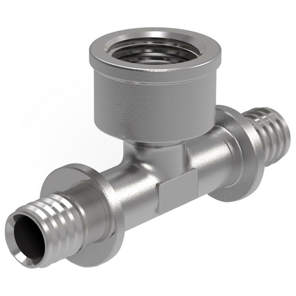 Тройник Royal Thermo, для полиэтиленовых труб, латунь, никелированный, обжимной, ВР 20x1/2x20