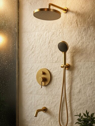 Изображение товара Душевая система с тропическим душем и смесителем скрытого монтажа, матовое золото
