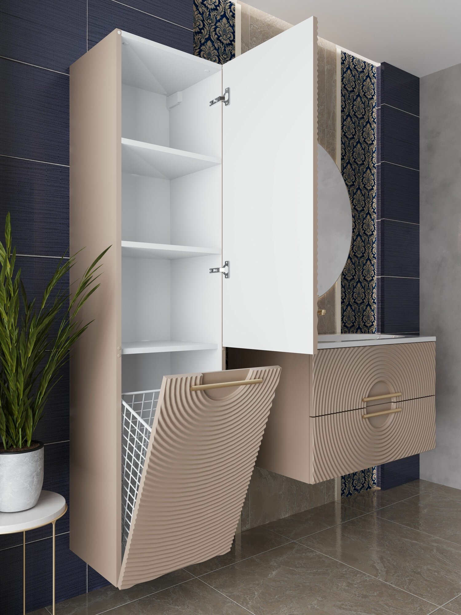 Шкаф пенал для ванной с корзиной для белья подвесной SOLE мокко аквакрафт, правое открывание