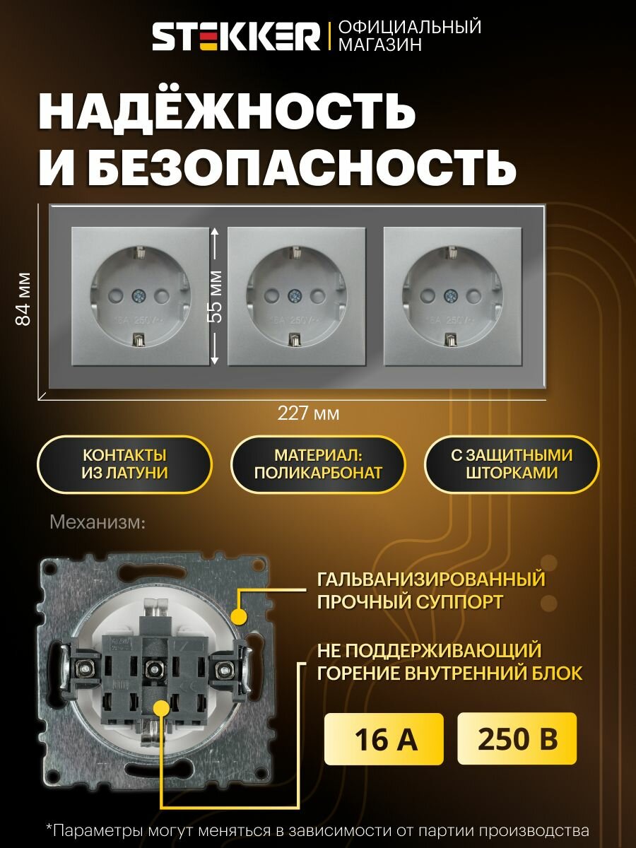 Розетка встраиваемая тройная с заземлением с рамкой стекло, готовый комплект, серебро, 16А 250В, Stekker Катрин 50791 — фото 1