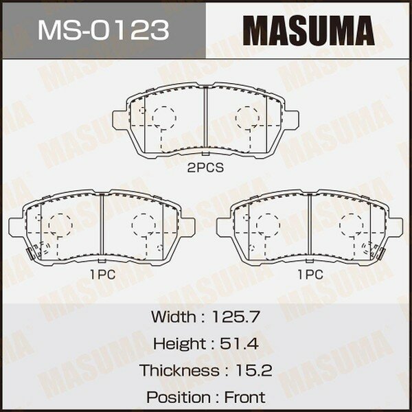 Колодки тормозные дисковые MASUMA MS-0123 Daihatsu Boon 2010-2016, Daihatsu Thor 2016-2024, Ford Fiesta 2008-2012, Subaru Justy 2016-2024
