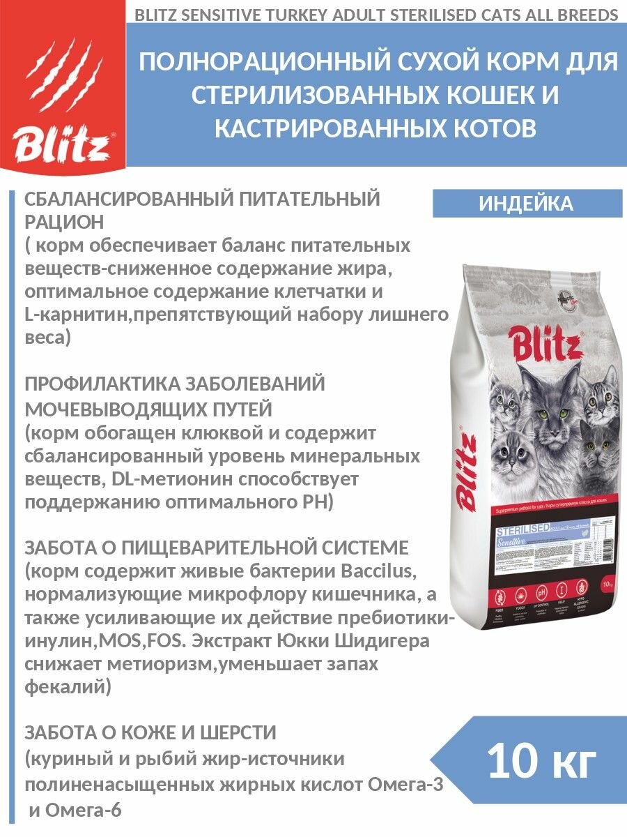 фото Сухой корм для стерилизованных кошек Blitz Sensitive с индейкой