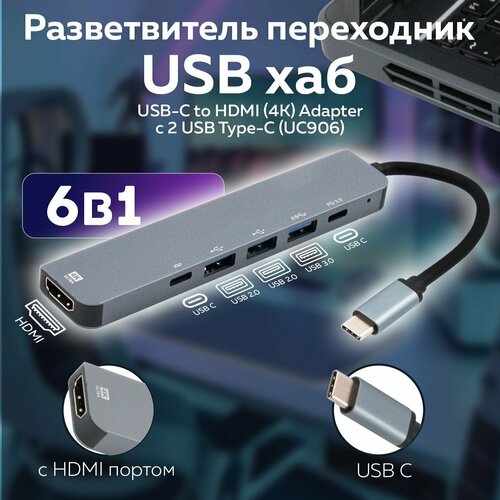 Разветвитель переходник USB-C to HDMI4K Adapter c 2 USB Type-C UC906 1675₽