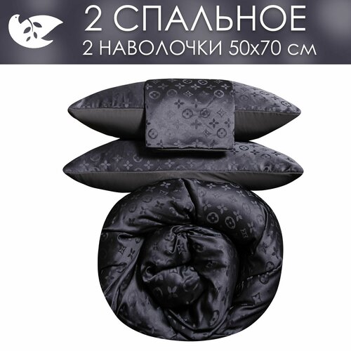 Постельное белье однотонное 2 спальное черное, сатин жаккард, на молнии, 2 наволочки 50x70 / Комплект постельного белья однотонный 2 спальный, темно-серое, размер 2, спальный