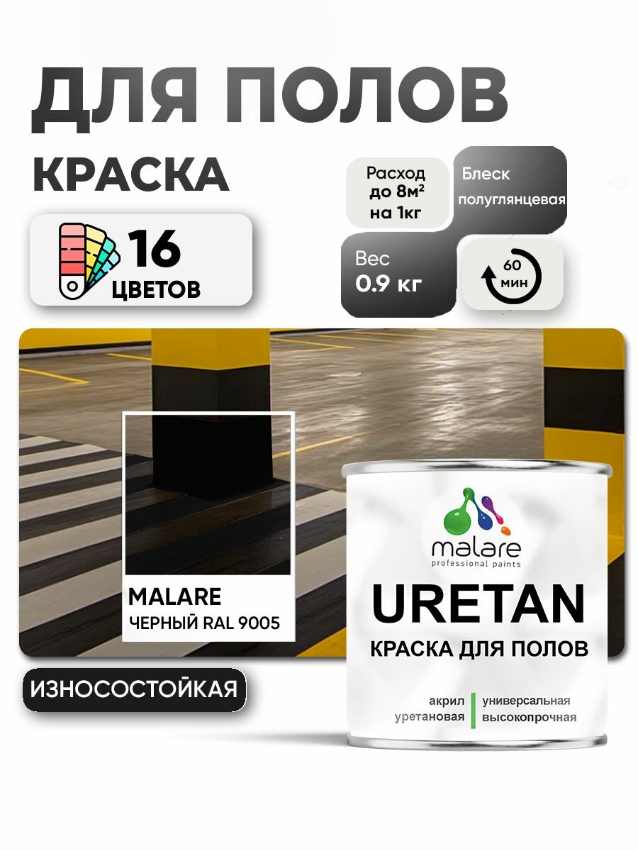 Краска Malare URETAN для бетонного пола, для деревянного пола, краска по металлу, износостойкая, полуглянцевая, черная, 0,9 кг