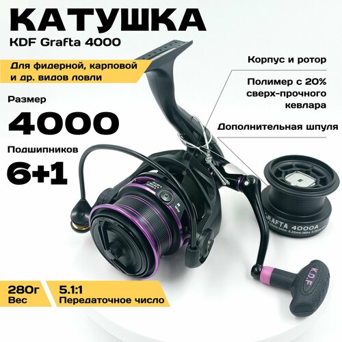 Катушка рыболовная для фидерной, карповой ловли, KDF Grafta 4000 с дополнительной шпулей, корпус полимер с кевларом, 6+1 планетарный, Передаточное число 5.1:1