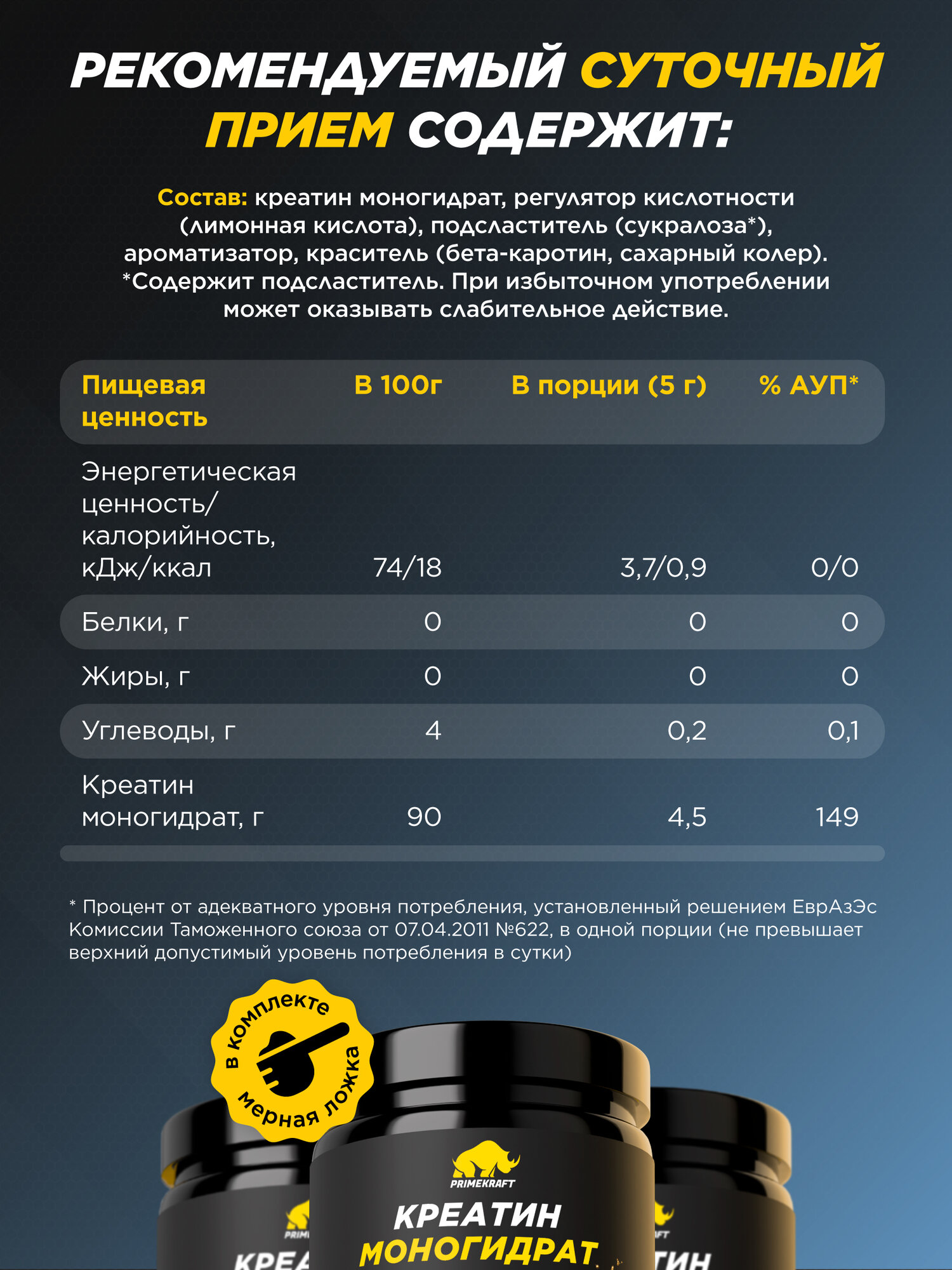 Креатин моногидрат Creatine Primekraft, 200 г, 40 порций, энергетик, для набора мышечной массы — фото 1