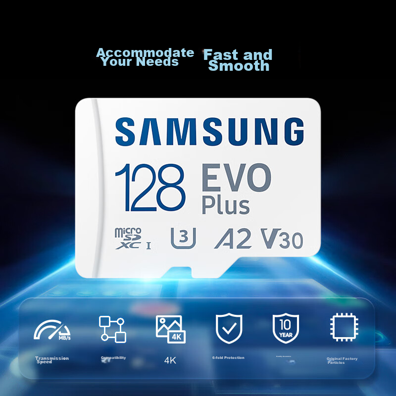 Карта памяти Samsung 128GB TF U3A2V30, for Phones, Tablets, Switch, Game Consoles, Supports 4K Video, Read Speed 160MB/s