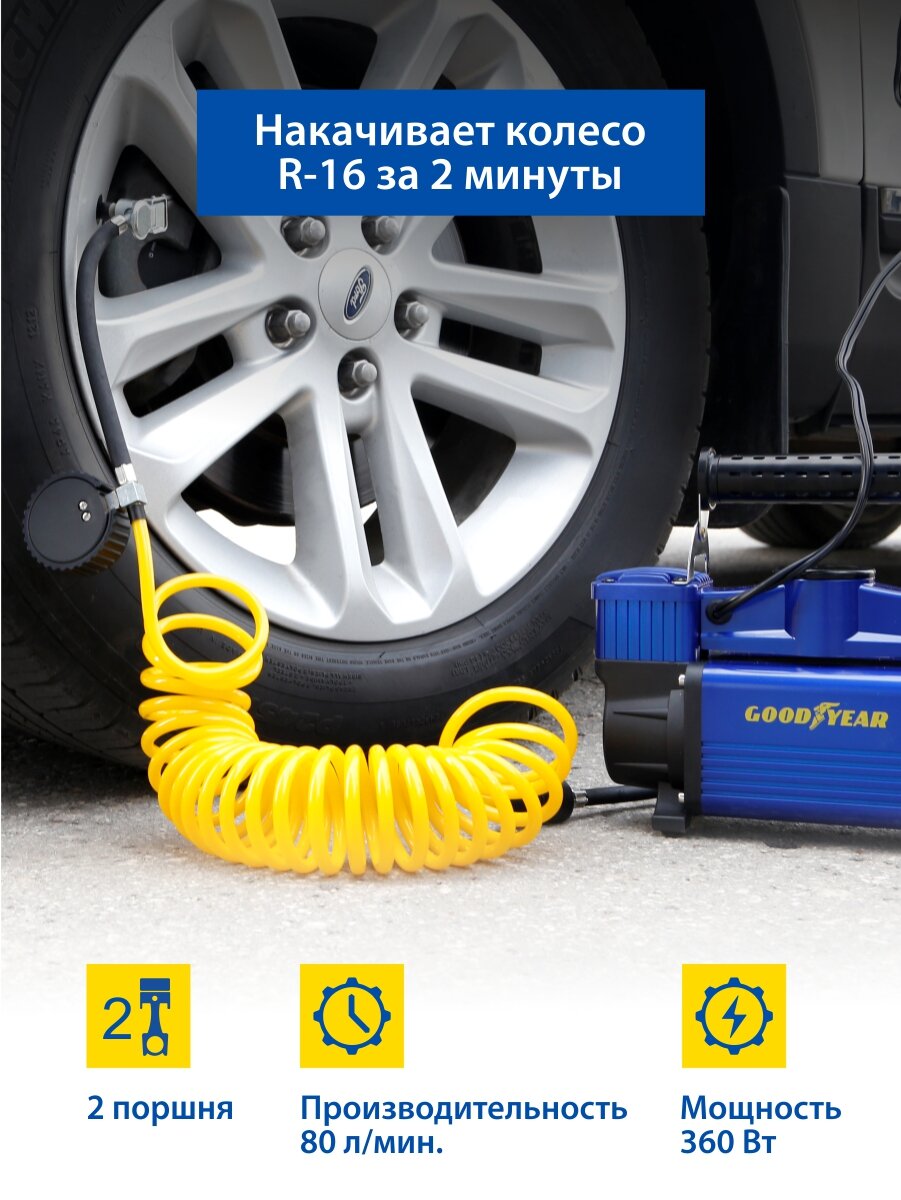 Воздушный компрессор Goodyear GY-80L 80 л/мин,/двухпоршневой/питание от АКБ/съемный витой шланг/сумка для хранения — фото 1