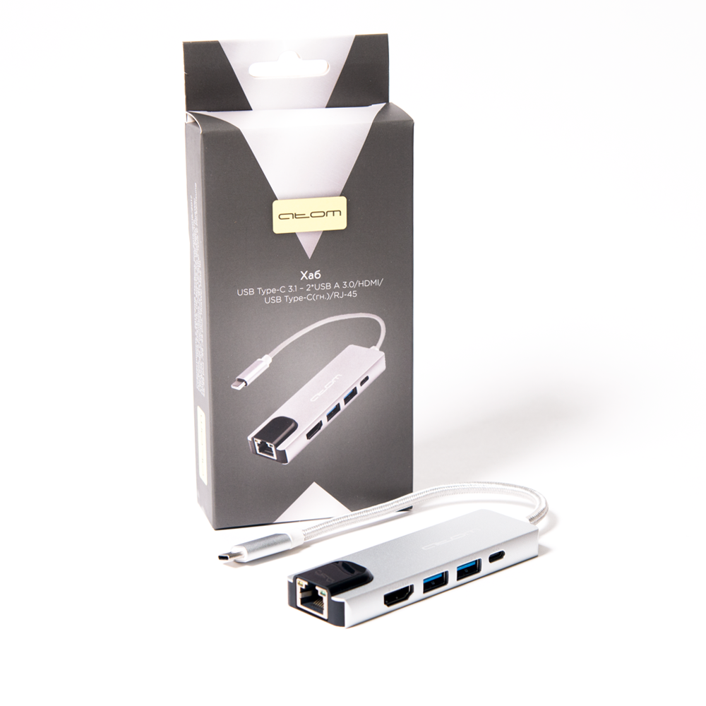 USB-HUB Type-C 3.1 - 2*USB А 3.0/HDMI/USB Type-C(зарядка)/RJ45, 0,15 м (шт/гн), серебряный — фото 1