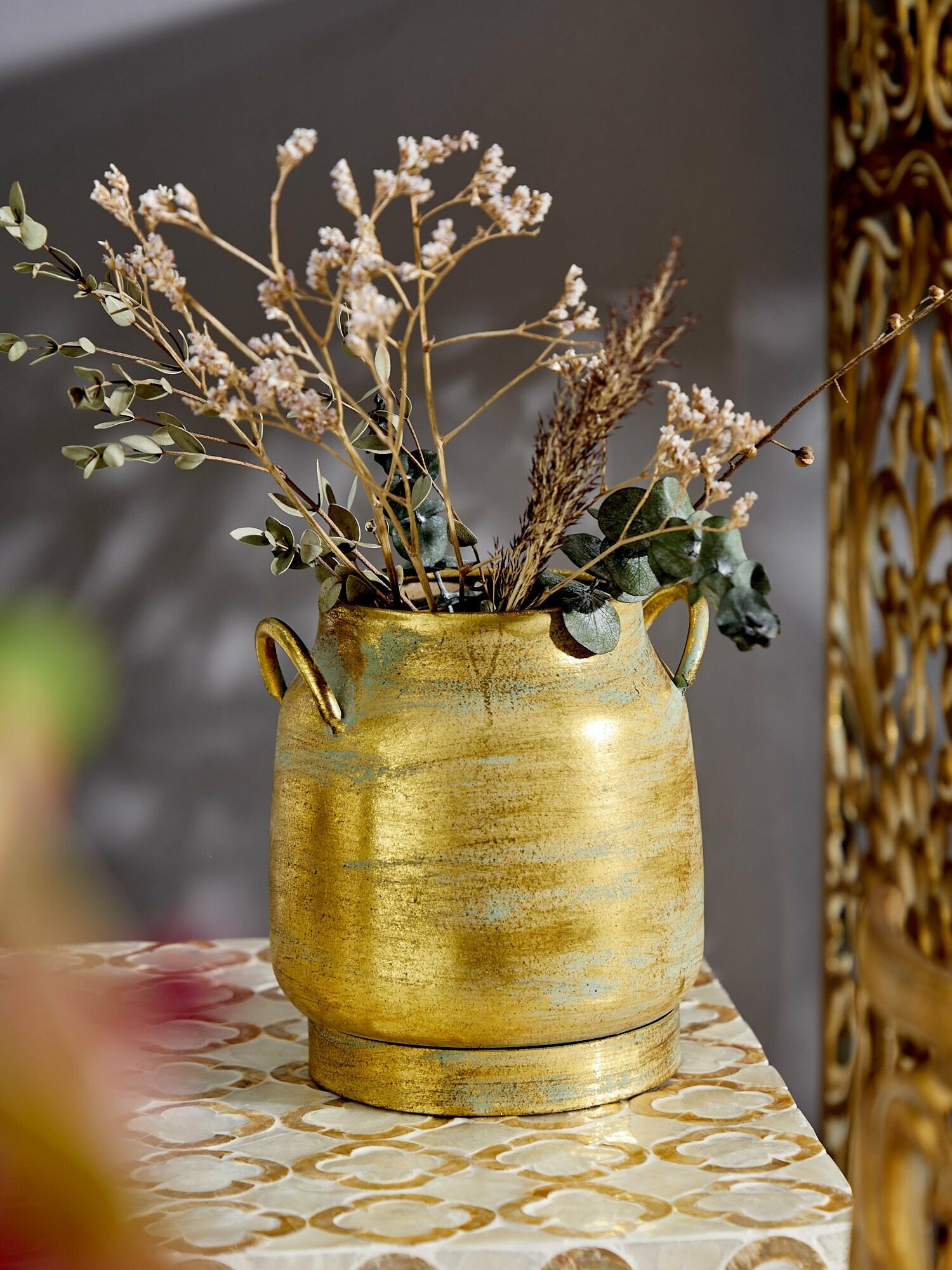 57-400 Ваза-мини с ручками 14х13х15см, Железо, цвет золотистый, Glasar