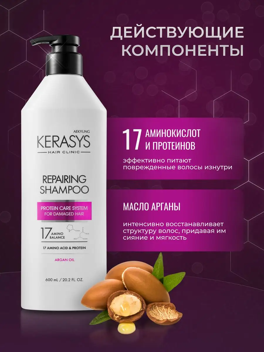 Kerasys Repairing Профессиональный Корейский шампунь для волос восстанавливающий 600 мл, протеиновый для поврежденных, окрашенных, сухих и ослабленных волос — фото 1