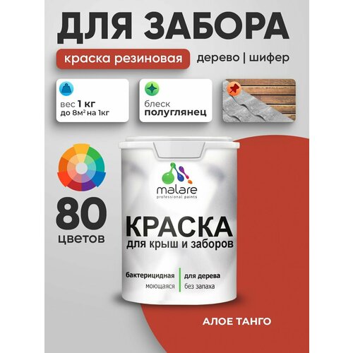 фото Резиновая краска malare для деревянного забора/ по дереву для наружных и внутренних работ/ быстросохнущая моющаяся без запаха полуглянцевая, алое танго, 1 кг.