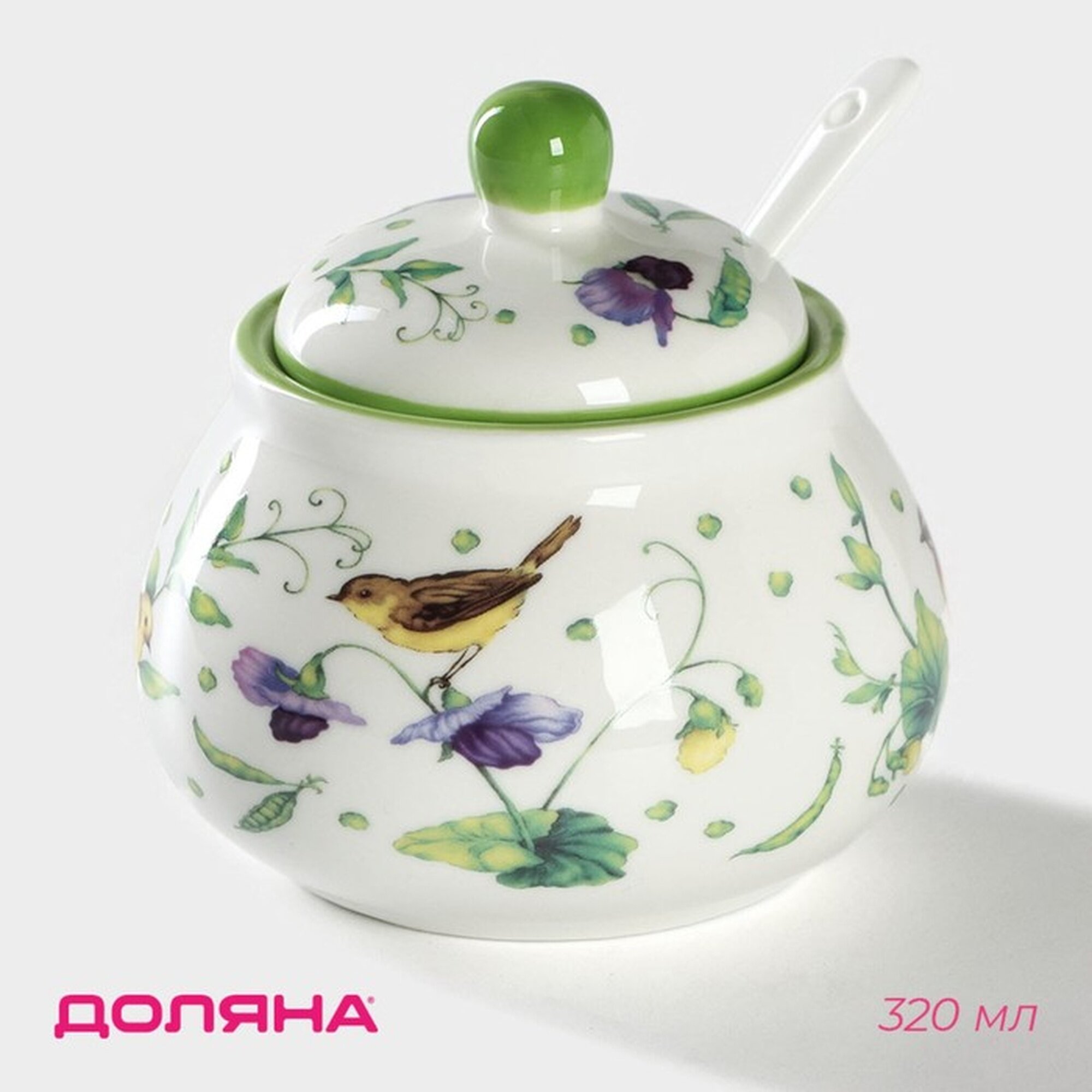 Сахарница фарфоровая с ложкой Доляна  Зелёный сад   320 мл  10 9 см