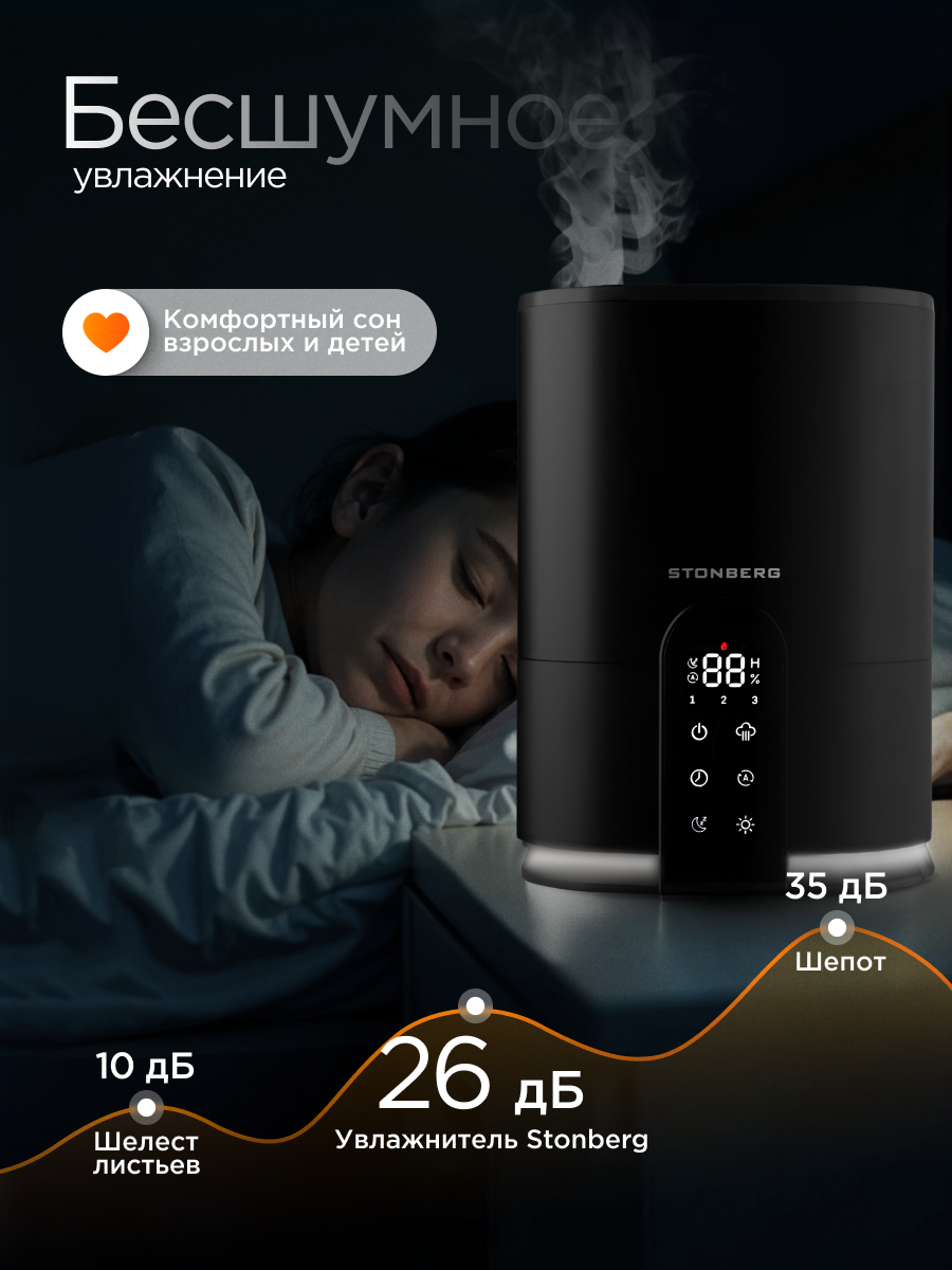 Картинки Увлажнитель воздуха Stonberg "Misty HD300", ультразвуковой, 4л, 4 скорости, чёрный