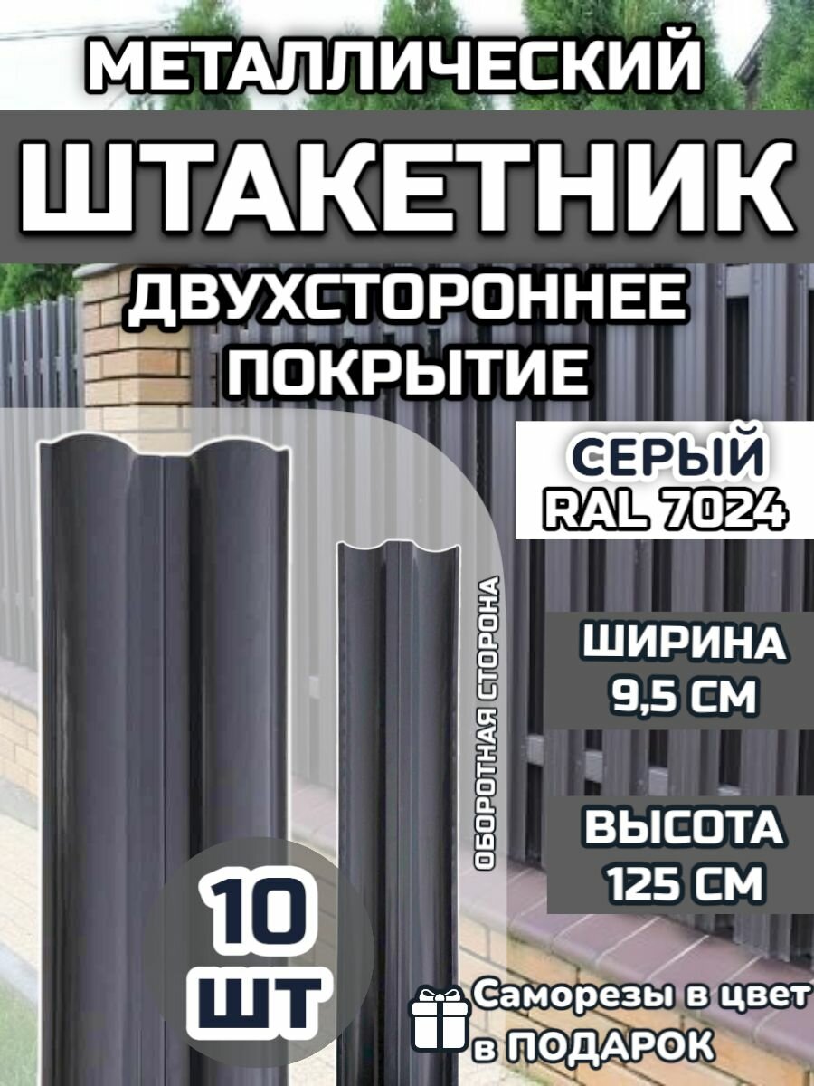 Штакетник металлический прямой (штакет евроштакетник) 10 шт.(крепеж в комплекте) Двухсторонний окрас цвет RAL 7024 Серый высота 1.25м ширина планки 95мм) Забор