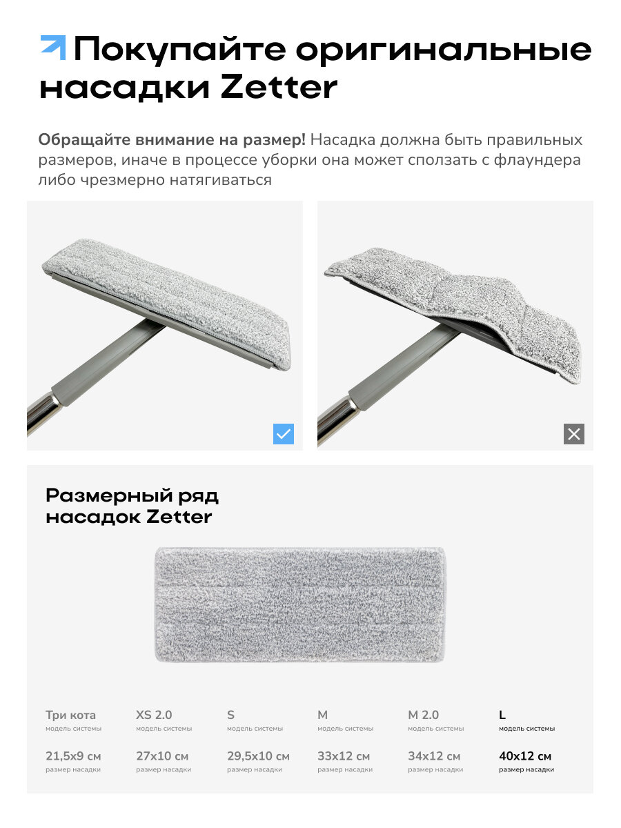 Насадка для швабры Zetter L, универсальная, микрофибра, 40х12 см, 2 шт. в наборе — фото 1