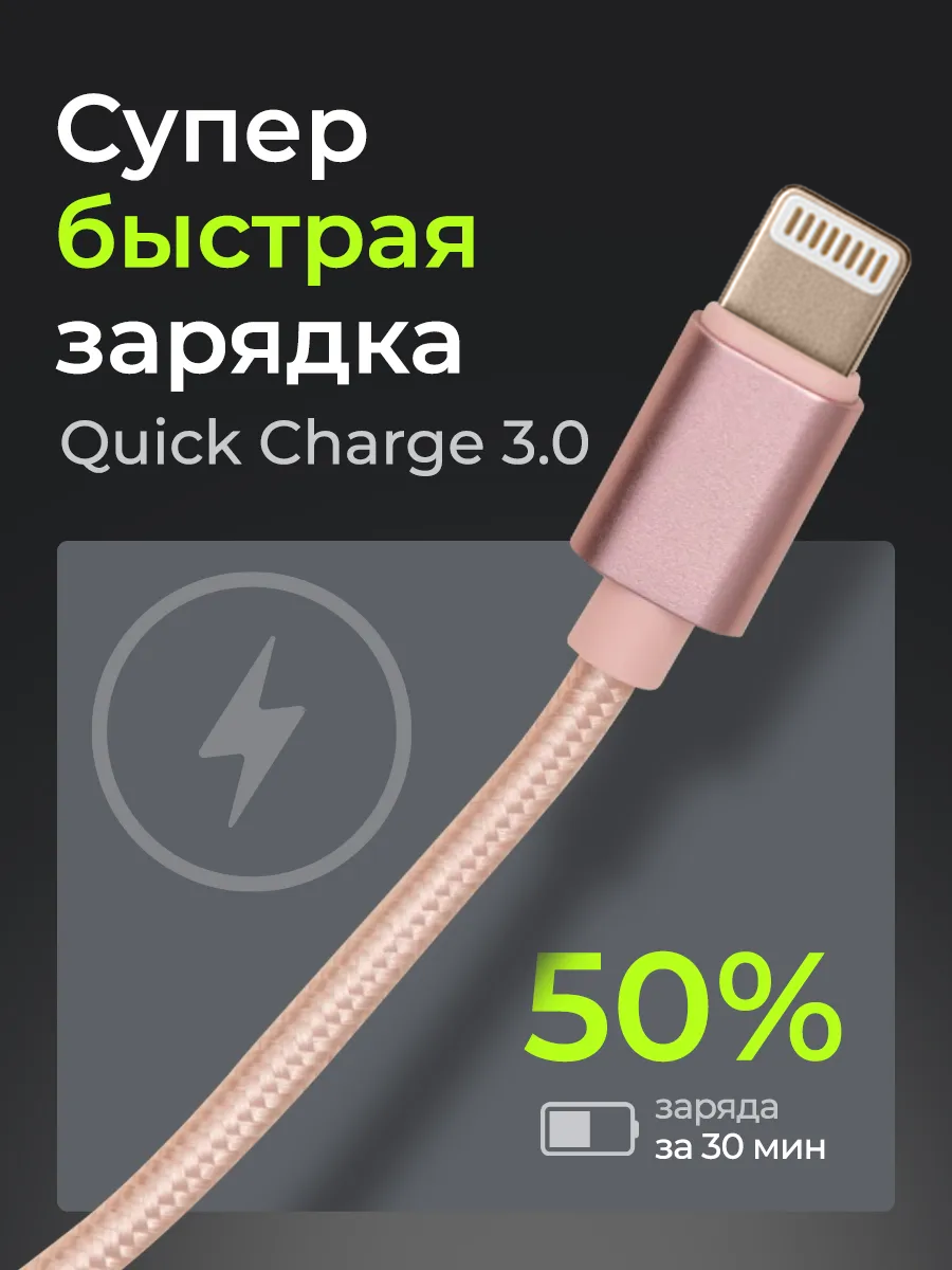 Кабель для iPhone, iPad, AirPods, USB провод, 2 м, розовое золото — фото 1