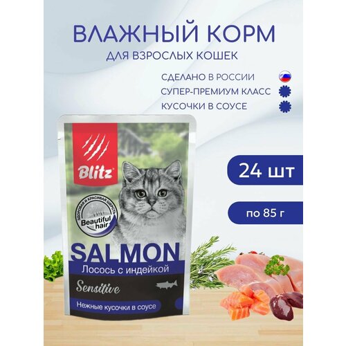 Blitz Паучи для кошек Лосось с индейкой, кусочки в соусе 85гр (1*24шт)