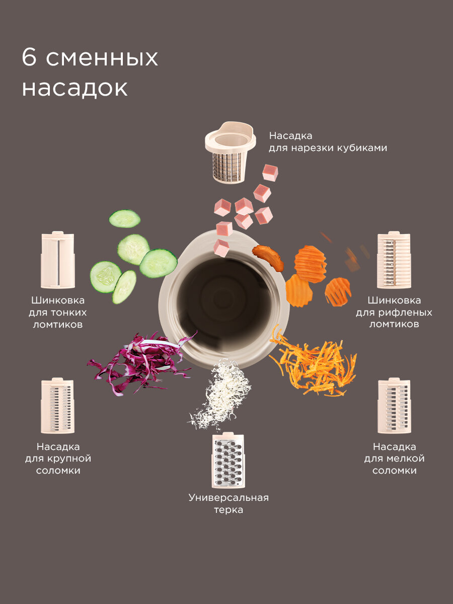 Мультирезка электрическая РЕДМОНД FP619, овощерезка, измельчитель, 6 насадок, соломкой, нарезка кубиками, терка, ломтики — фото 1