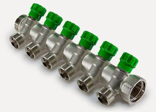 Изображение товара Коллектор регулирующий под 45°, 1"г/ш х 3/4ш - 6 вых. Вентильный, под евроконус MFMN-E серии или адаптер M312-3A