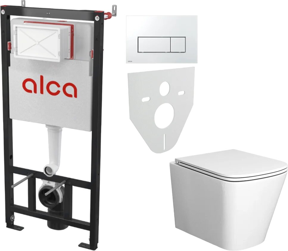 Комплект 2 в 1 Унитаз подвесной Bauedge Stil BS0002 с микролифтом безободковый глянцевый белый / Инсталляция с кнопкой AlcaPlast AM101/1120-4:1 RU M571-0001 цвет хром глянец
